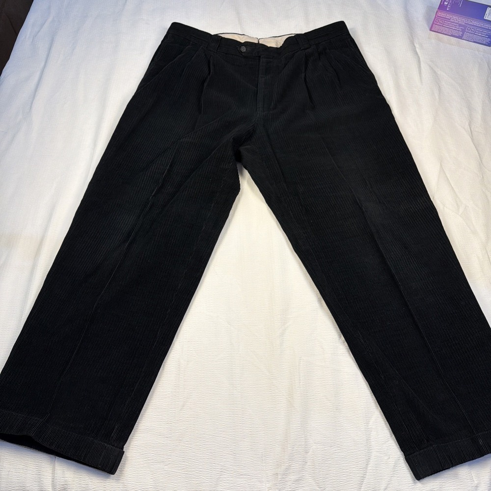 Tallia Uomo Corduroy Pleated‎ Pant Cuffed Back Pocket Career Black 38x28 1/2